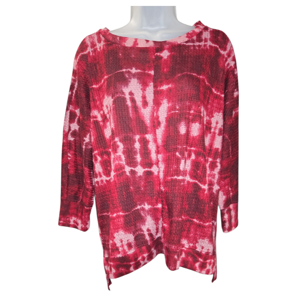 French Laundry Wom Med NWT Red Tie Dye 3/4 Sleeve Thermal Knit Top Fall Winter